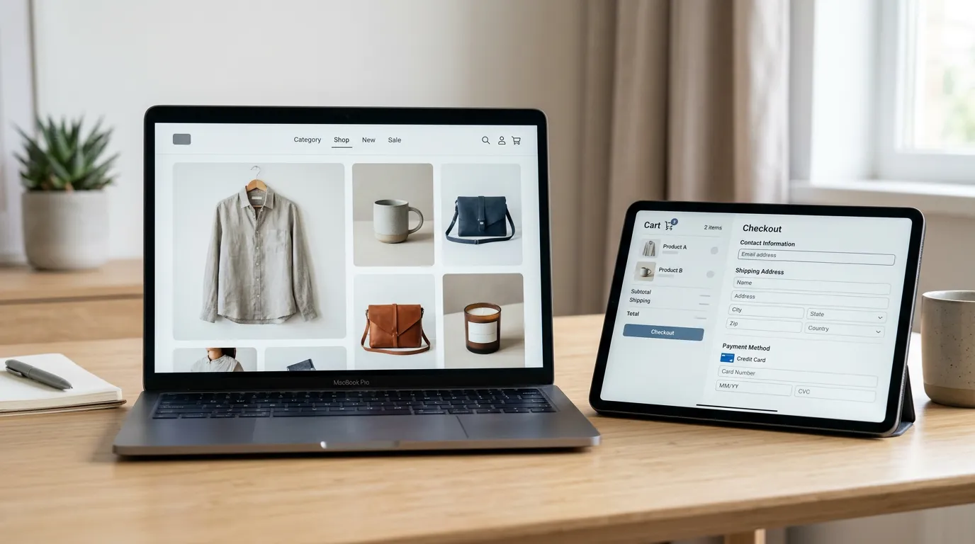 E-commerce website interface displayed on laptop and tablet screens showing product gallery, shopping cart, and payment checkout, modern design elements, neutral background