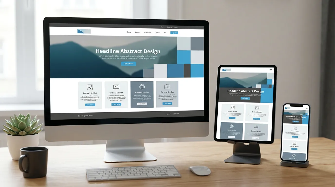 Responsive web design mockup showing same website displayed on desktop monitor, tablet, and smartphone screens with different layouts, adaptive design showcase
