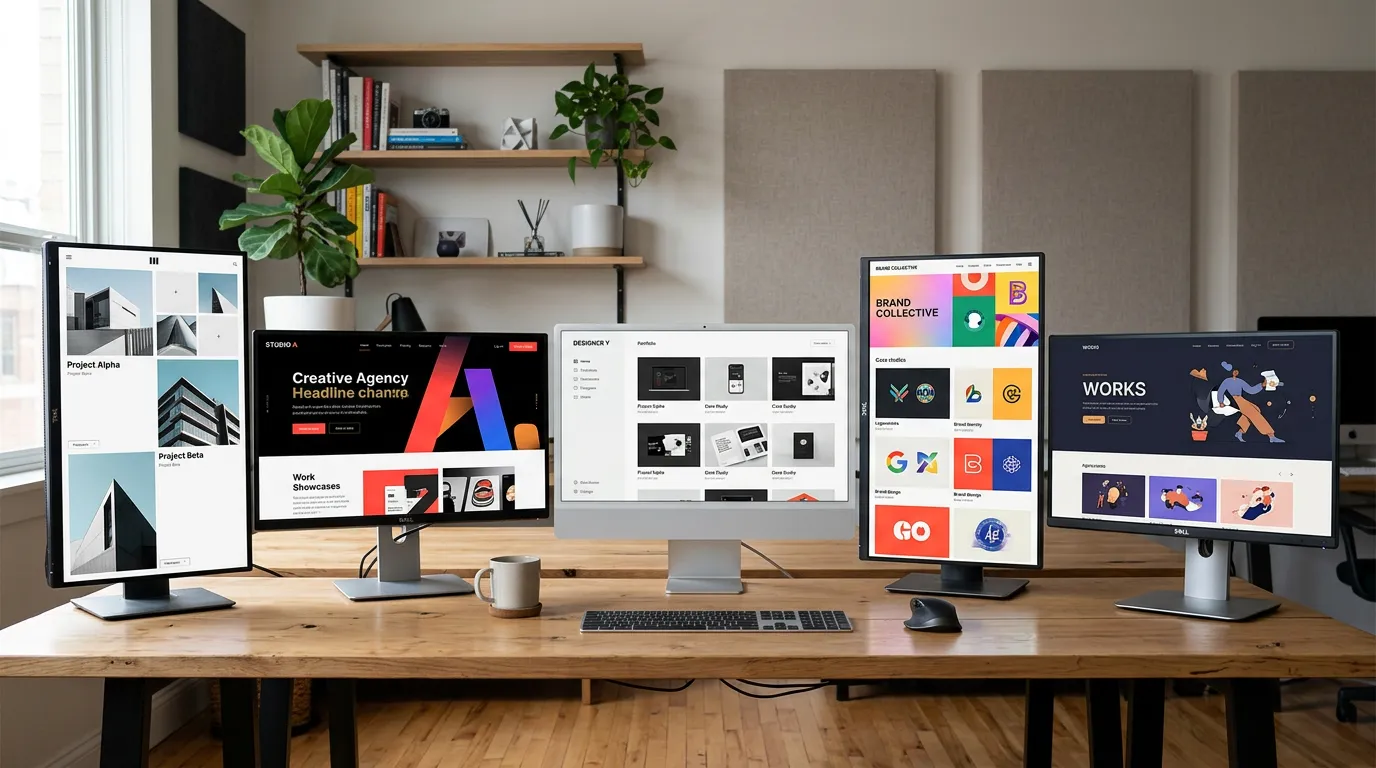 Portfolio website examples and design agency work samples displayed across multiple screens, comparing different styles and portfolios, evaluation comparison layout
