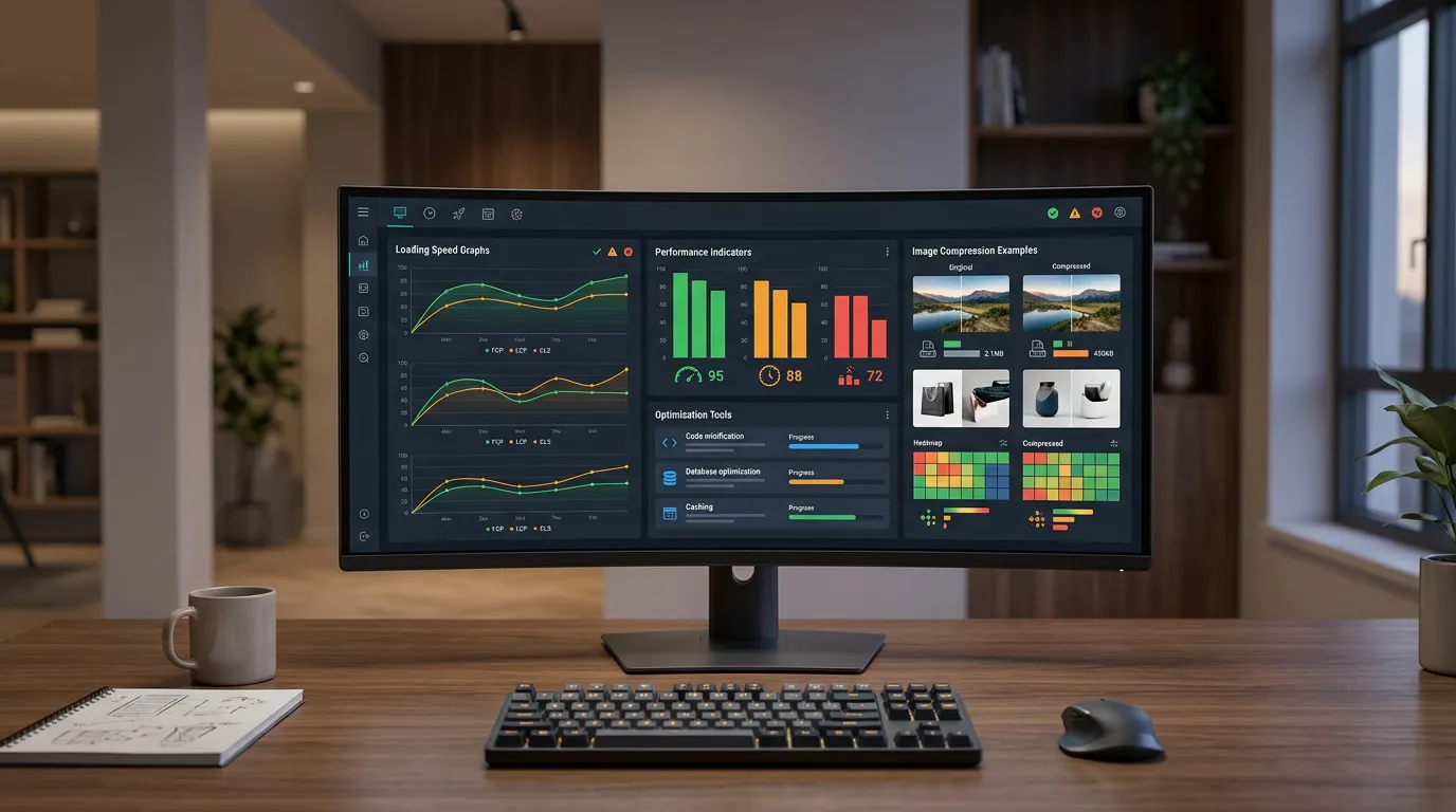 Web performance metrics dashboard showing loading speed graphs, optimization tools, image compression examples, performance indicators on computer screen
