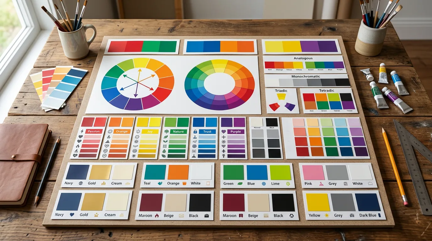 Color palette swatches and psychology guide displayed with complementary color wheels, color theory examples, brand color combinations arranged on design board