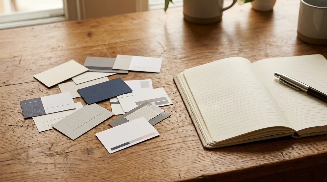 Stack of professional business cards scattered on wooden desk next to pen and notebook, different designs visible, minimalist presentation, warm lighting