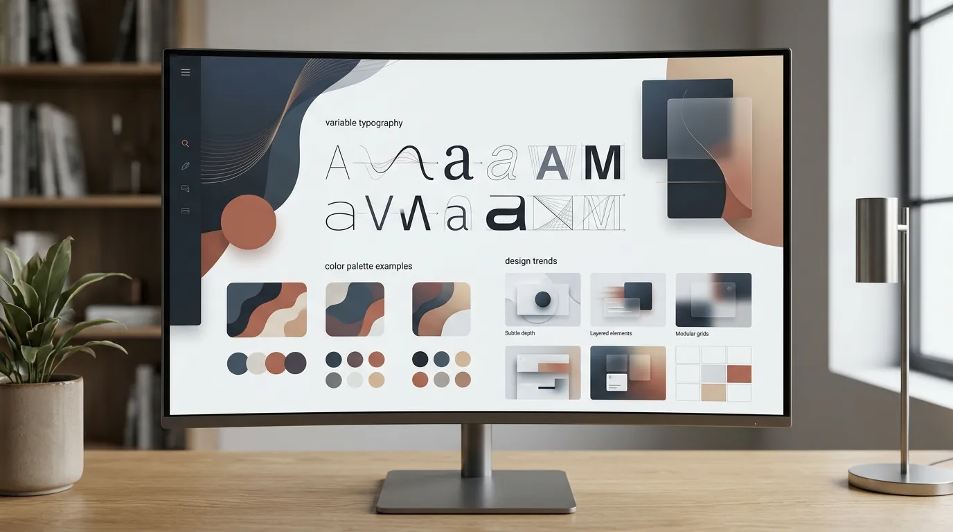 Modern web design interface showing variable typography, minimalist layout with rich details, smooth animations and transitions, color palette examples, design trends visualization